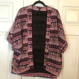 FOREVER 21 Medium Pink Black Aztec Kimono Cardigan Oversized Layering Boho Chic